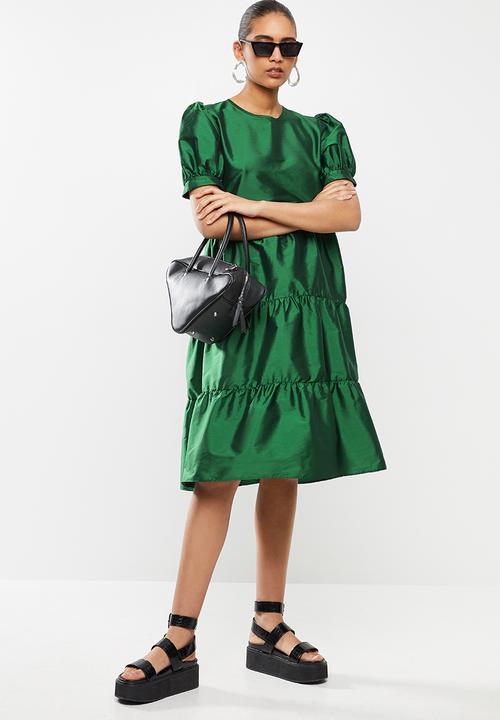 Blake - Puff sleeve tiered dress - green