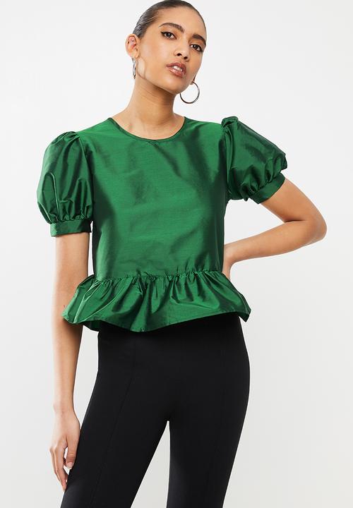 Tafetta volume sleeve crop top with bow back - green Blake Blouses ...