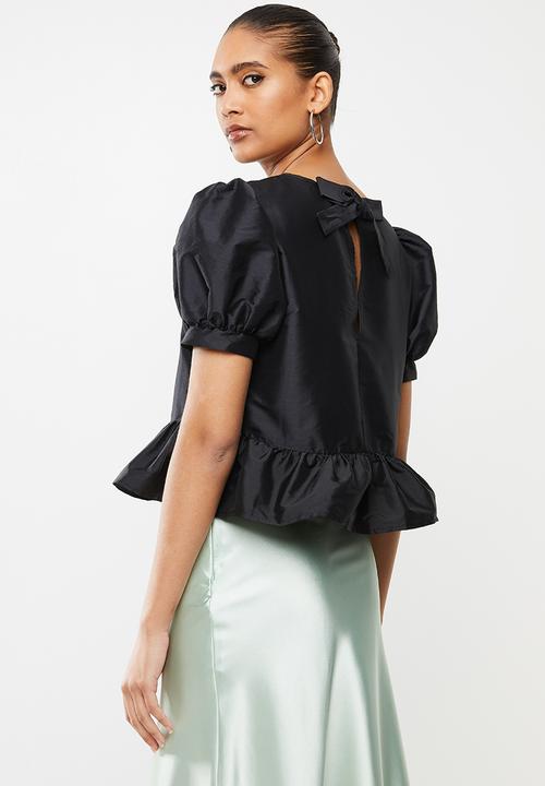 Blake - Volume sleeve crop top with bow back - black