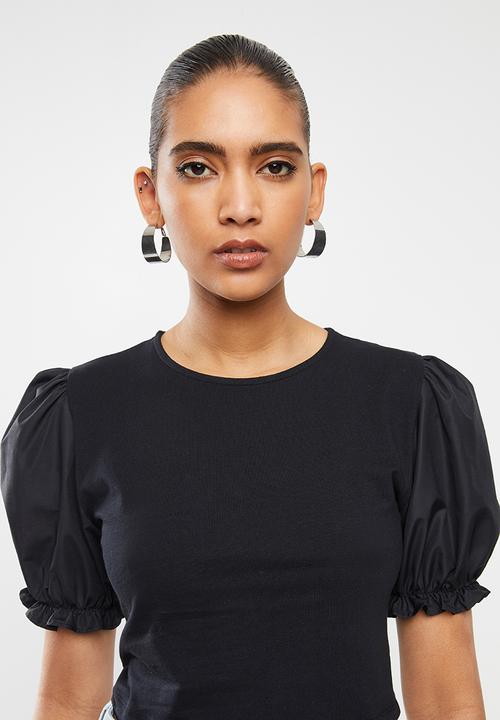 Blake - Combo top with puff sleeve - black