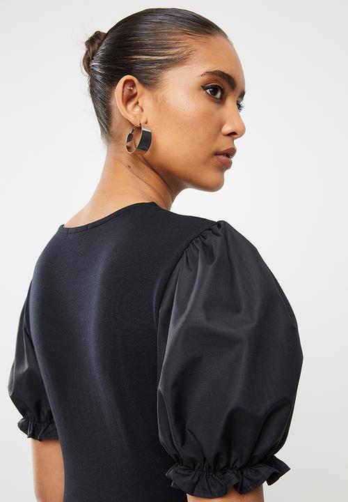 Blake - Combo top with puff sleeve - black