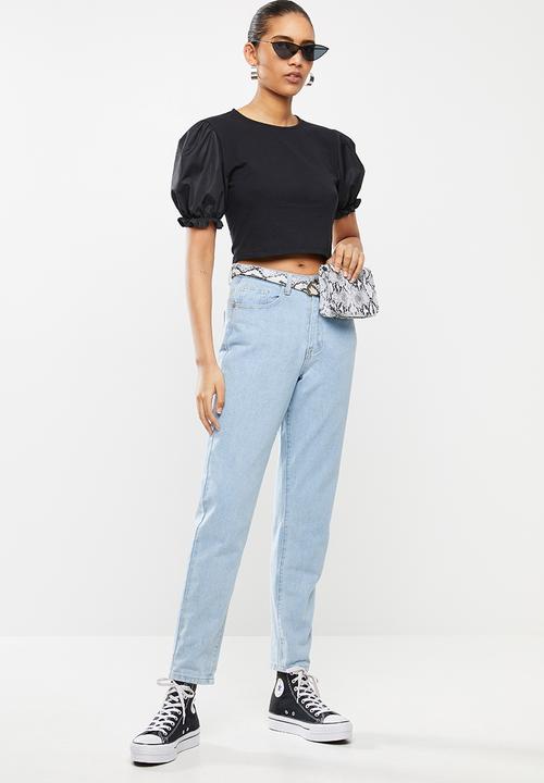 Blake - Combo top with puff sleeve - black