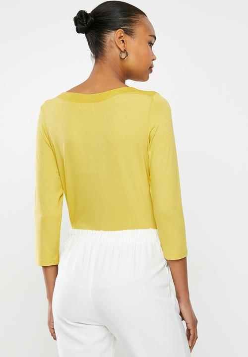 edit - Long sleeve knit woven slash neck tee - yellow