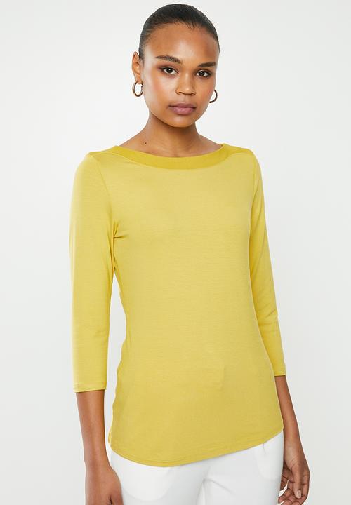 edit - Long sleeve knit woven slash neck tee - yellow