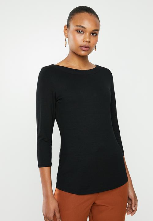 edit - Long sleeve knit woven slash neck tee - black