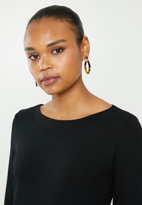 edit - Long sleeve knit woven slash neck tee - black