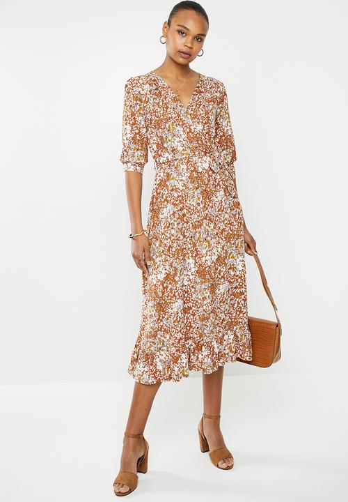 edit - Balloon sleeve tier wrap dress - rust 