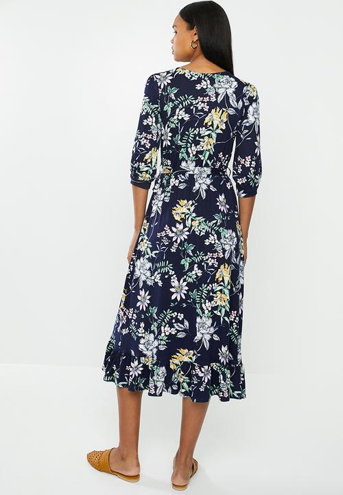 edit - Balloon sleeve tier wrap dress - navy 