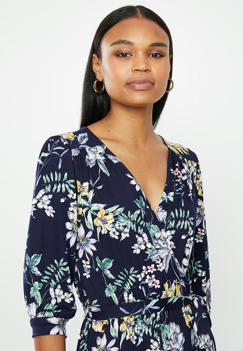 edit - Balloon sleeve tier wrap dress - navy 