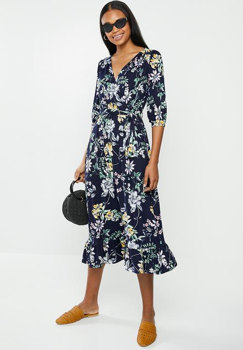 edit - Balloon sleeve tier wrap dress - navy 