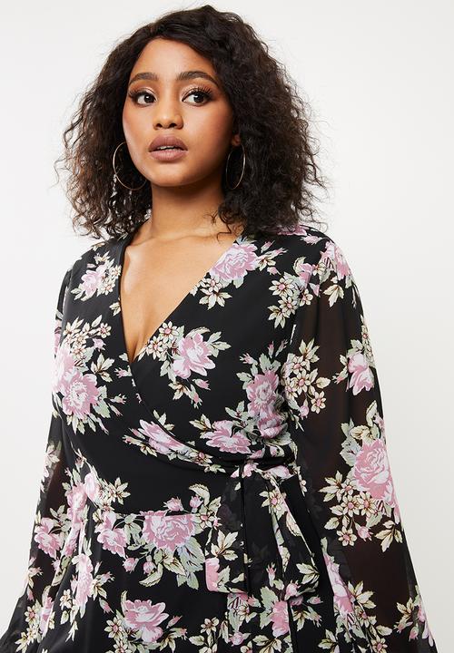 Missguided - Plus size high low balloon sleeve midi dress floral - black
