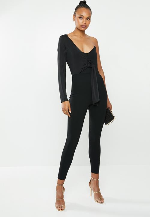 Missguided - One shoulder drape belted jumpsuit - black