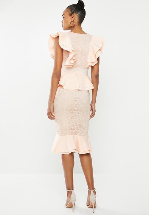 Missguided - Scuba lace ruffle midi dress - pink