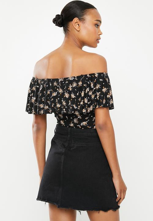 Missguided - Floral bardot frill trim bodysuit - black