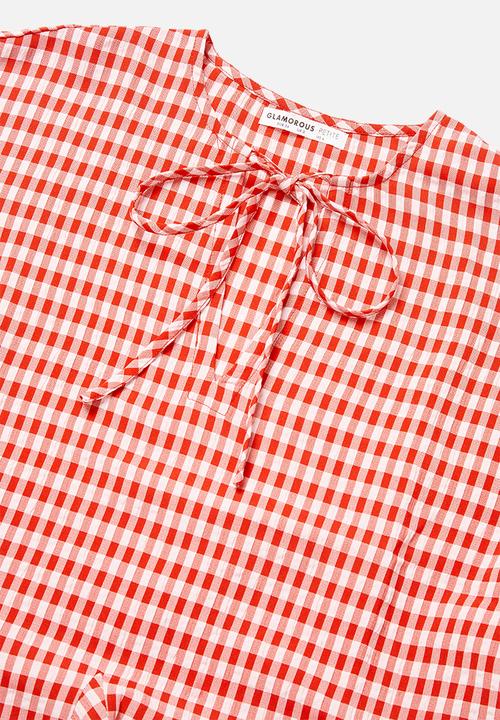 Glamorous - Petite gingham swing dress with front tie - pink & red
