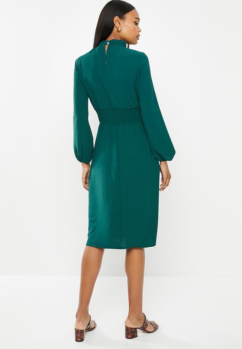 edit - Long sleeve shirred piecrust midi - teal
