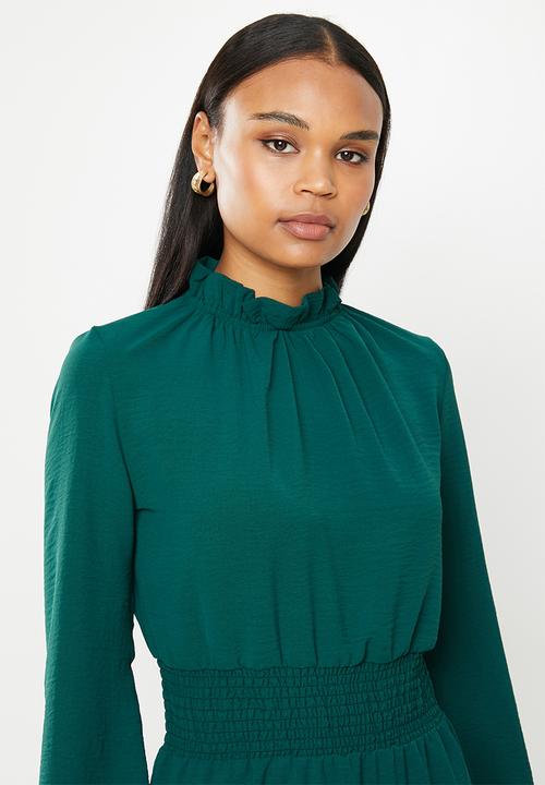 edit - Long sleeve shirred piecrust midi - teal