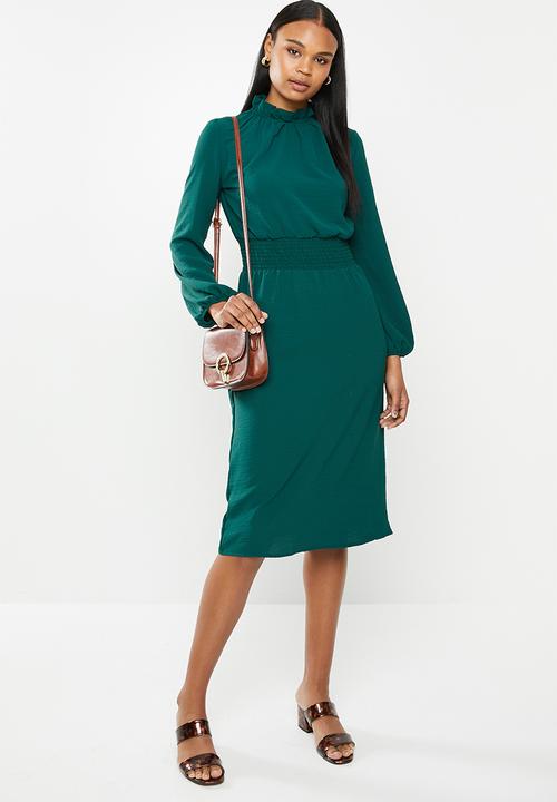 edit - Long sleeve shirred piecrust midi - teal