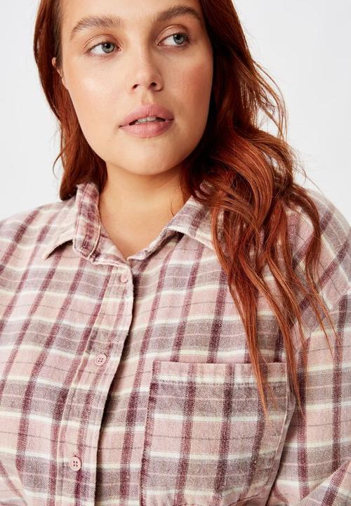 Cotton On - Curve relaxed washed flannel shirt - Alexa check blackberry wine