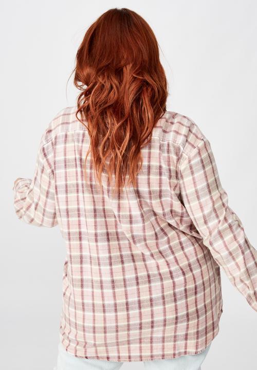 Cotton On - Curve relaxed washed flannel shirt - Alexa check blackberry wine