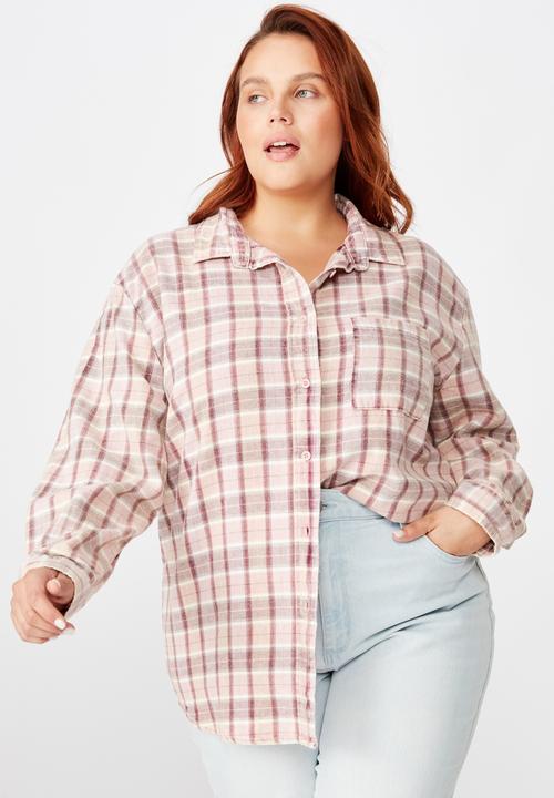 Cotton On - Curve relaxed washed flannel shirt - Alexa check blackberry wine