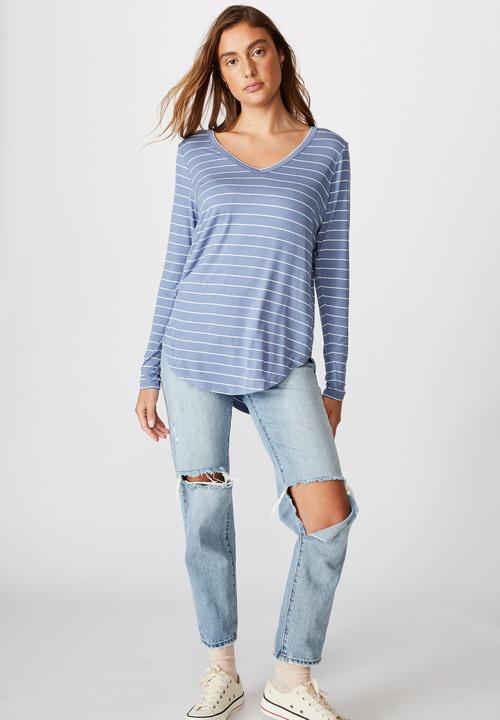 Cotton On - Karly long sleeve top - led stripe infinity blue & white