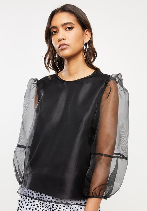 VELVET - Organza round  neck blouse - black
