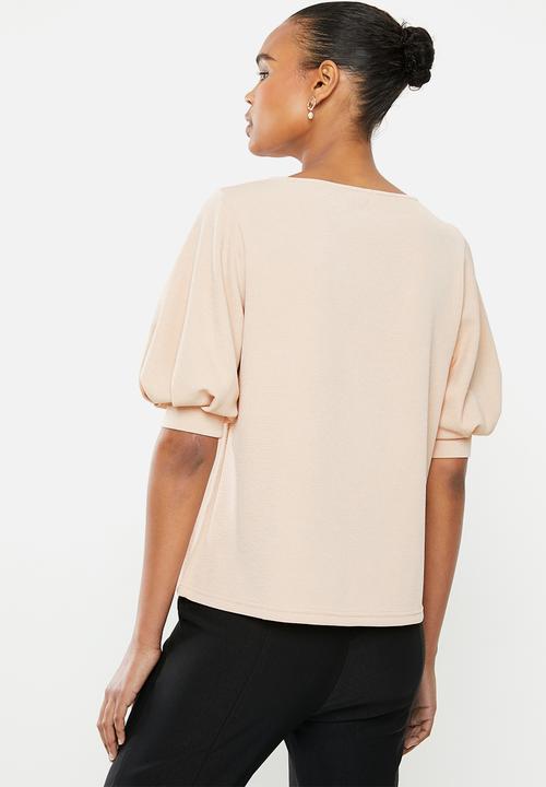 edit - Textured knit puff sleeve tee - nude