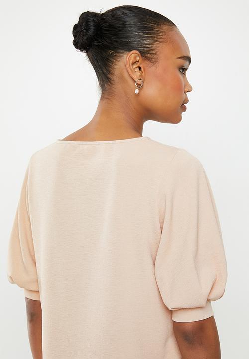 edit - Textured knit puff sleeve tee - nude