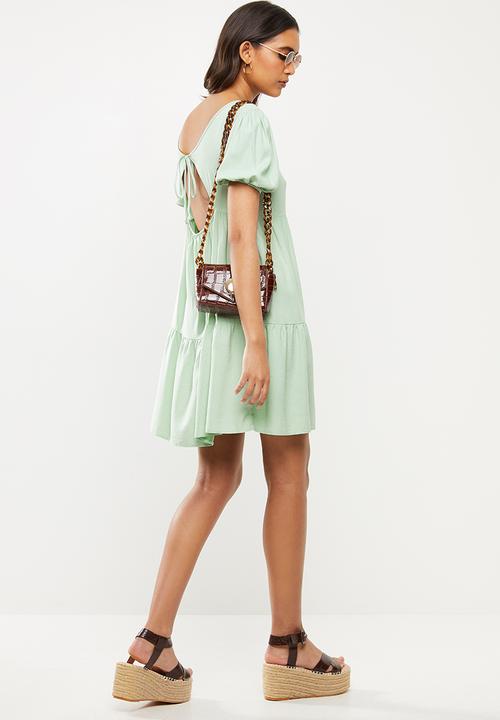 VELVET - Open back tiered mini dress - sage