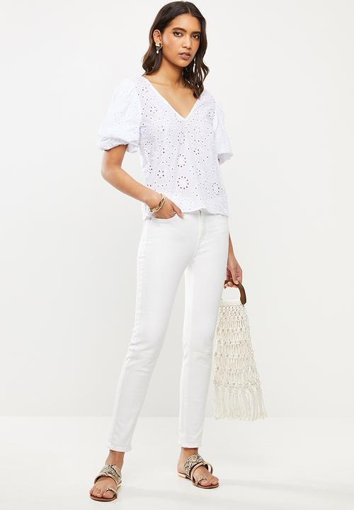 VELVET - Double puff ballon sleeve shell top - white
