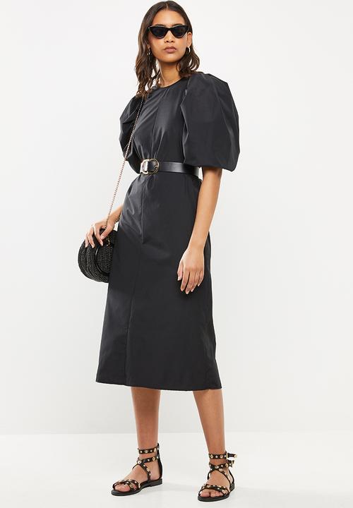 VELVET - Poplin puff sleeve midi dress -black