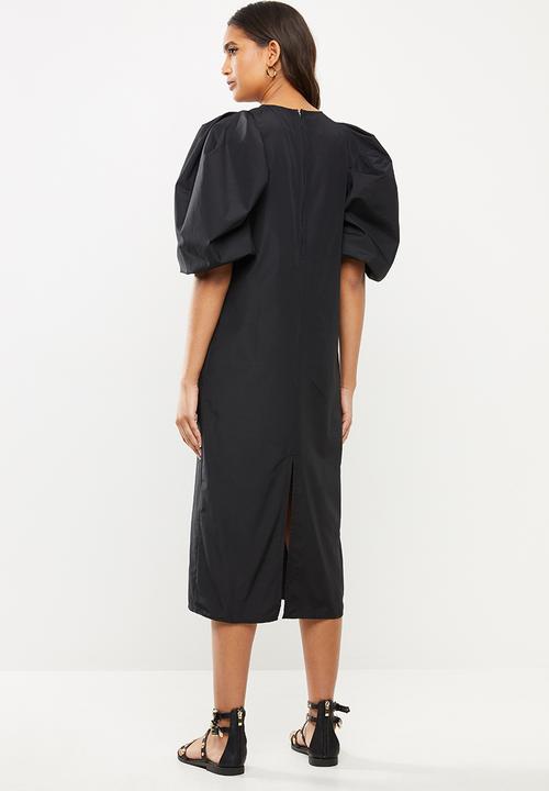VELVET - Poplin puff sleeve midi dress -black