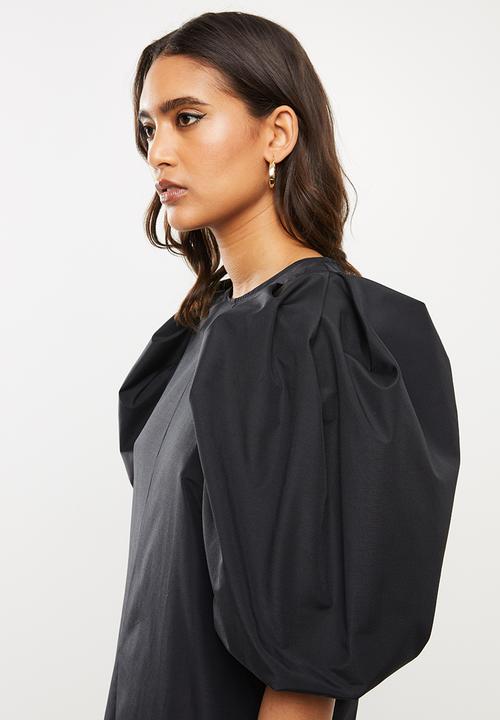 VELVET - Poplin puff sleeve midi dress -black