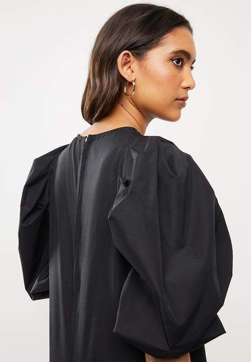 VELVET - Poplin puff sleeve midi dress -black