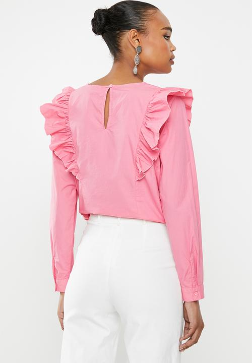 Jacqueline de Yong - Tesha long sleeve ruffle top - pink