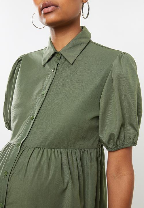 Missguided - Maternity short sleeve poplin button front maxi smock dres - khaki