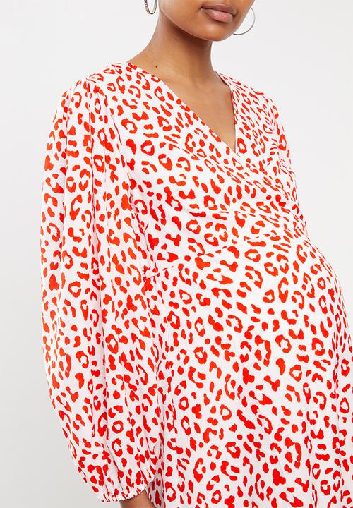 Glamorous - Maternity red leopard volume sleeve mini wrap dress - red