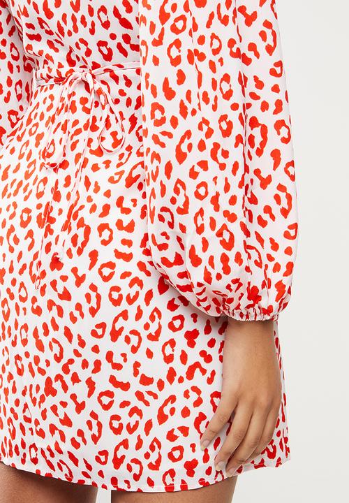 Glamorous - Red leopard volume sleeve mini wrap dress - red