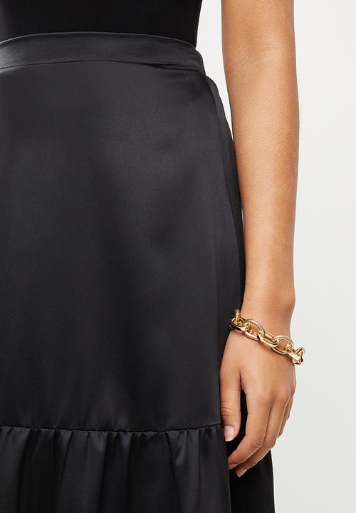 VELVET - Tiered satin pull on midi skirt - black
