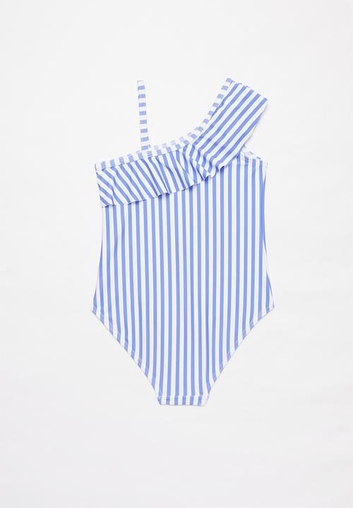 Pop Candy - Stripe off the shoulder one piece swimsuit - blue & white