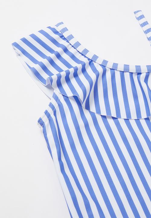 Pop Candy - Stripe off the shoulder one piece swimsuit - blue & white