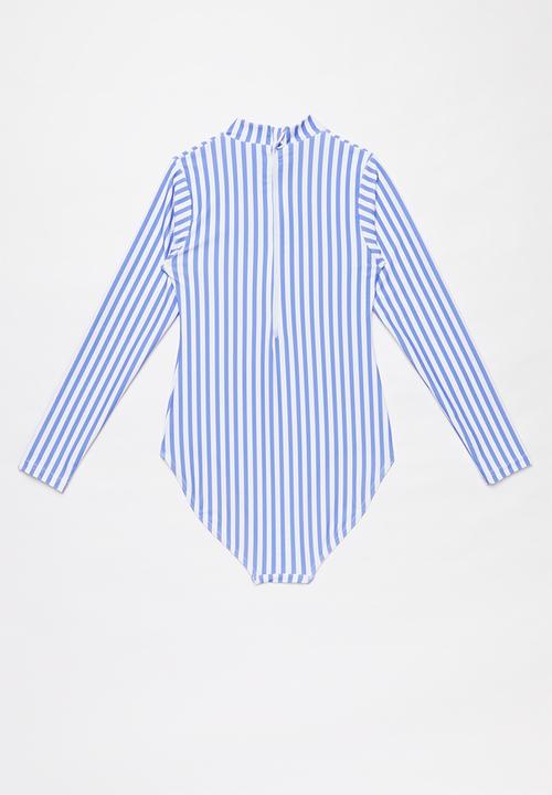 Rebel Republic - Stripe long sleeve zip up swimsuit - blue & white