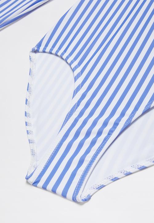 Rebel Republic - Stripe long sleeve zip up swimsuit - blue & white