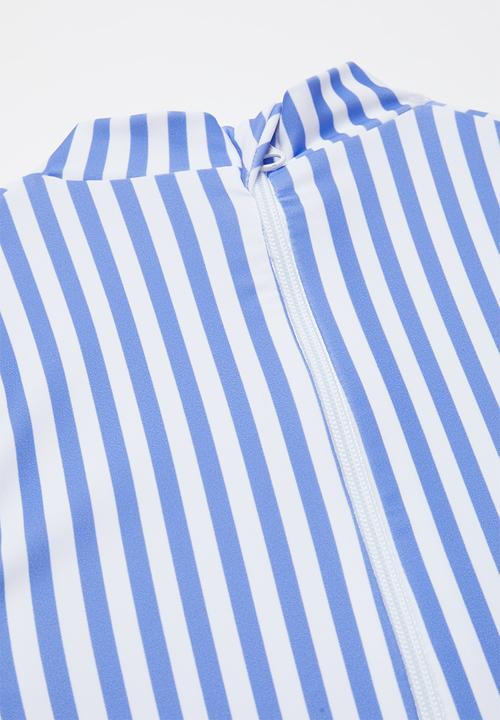 Rebel Republic - Stripe long sleeve zip up swimsuit - blue & white