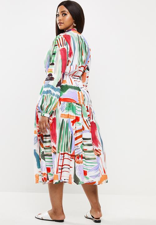 Glamorous - Plus paint strokes high neck midi dress - multi