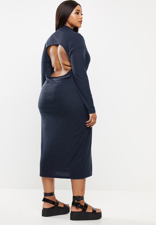 Glamorous - Plus bodycon turtle neck midi with slit - navy