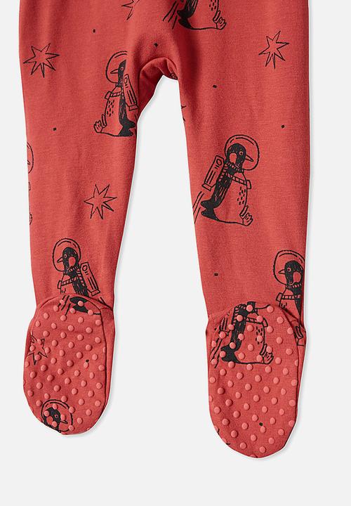Cotton On - The long sleeve zip romper - red brick/penguin astronaut