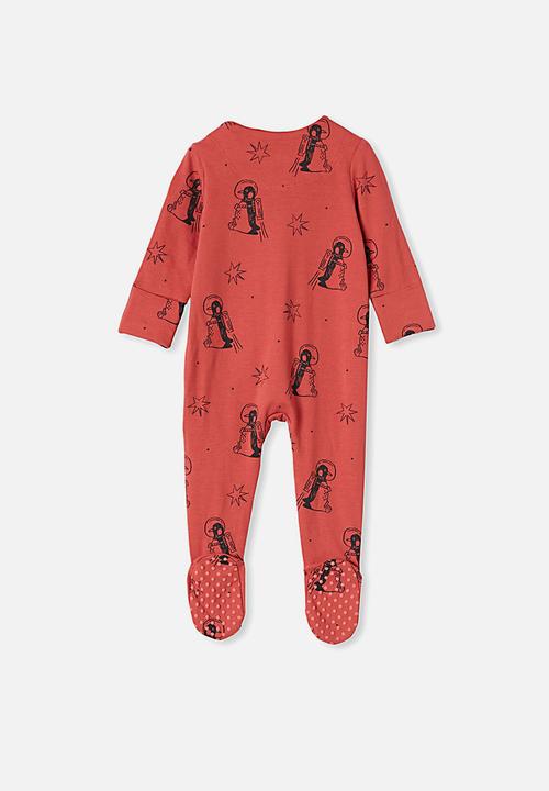 Cotton On - The long sleeve zip romper - red brick/penguin astronaut