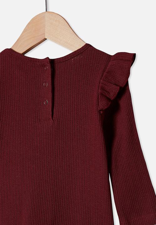 Cotton On - Cindy long sleeve pointelle top - burgundy 